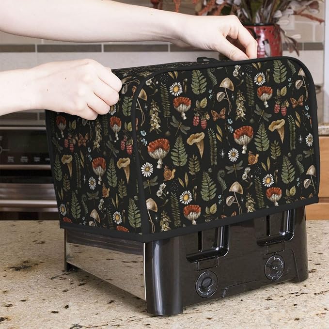 2 Slice Toaster Cover Vintage Mushroom Leaf Forest Dust Proof Washable Kitchen Appliance Cover with Pocket, Oxford Fabric Countertop Toaster Protector for Standard Toasters Small Appliances