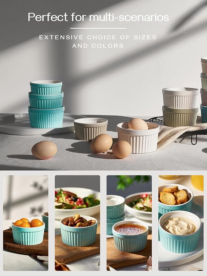 DOWAN Ramekins 6 oz Oven Safe for Creme Brulee Souffle, Porcelain Ramekin for Baking, Classic Style Ramekins Bowls Souffle Dishes Custard Cups, Set of 6, Blue