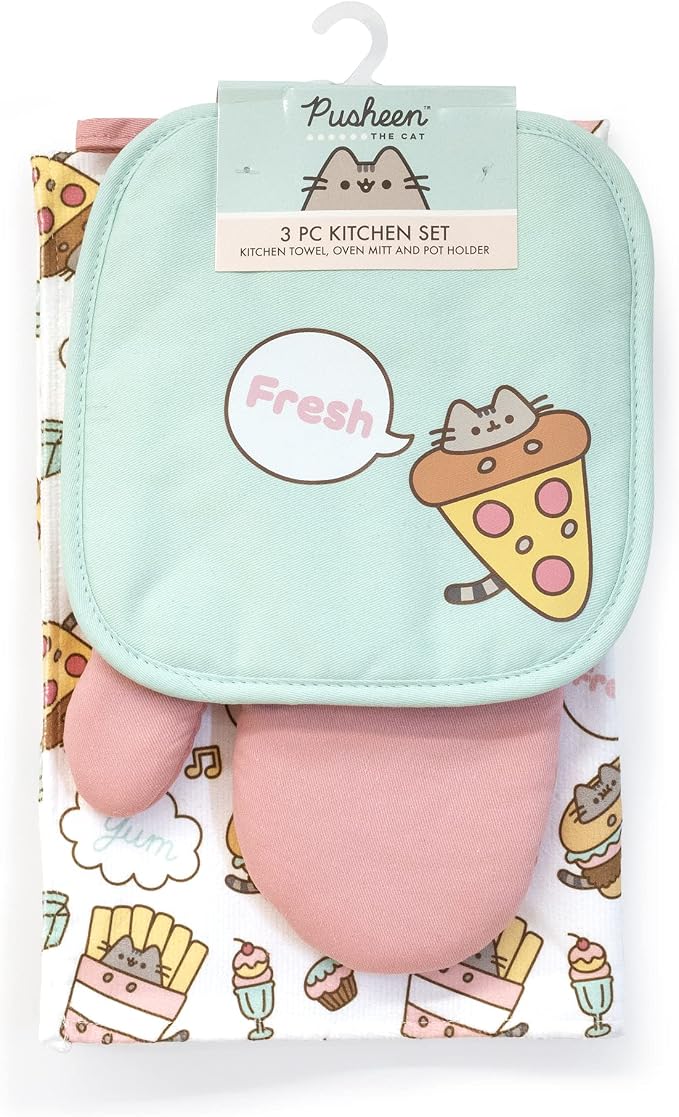 Pusheen The Cat - 3 Piece Kitchen Set collection - Pot Holder, Oven Mitt, and Towel
