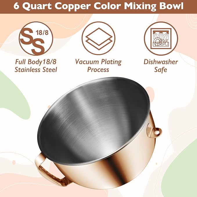 Copper Color 6 Qt Stainless Steel Mixer Bowl for Kitchenaid Bowl-Lift Mixer | 18/8 Stainless Steel, Heavy Duty, Dishwasher Safe, Mixing Bowl for Kitchenaid KP26, KL26, KT26
