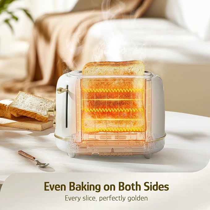 Hazel Quinn 2-Slice Retro Toaster 6 Browning Levels 3 Functions Pearl White | Defrost/Reheat/Cancel, Removable Crumb Tray for Easy to Clean, 1.5 Inches Extra Wide Slots, for Toast, Bagels Daily Breakfast