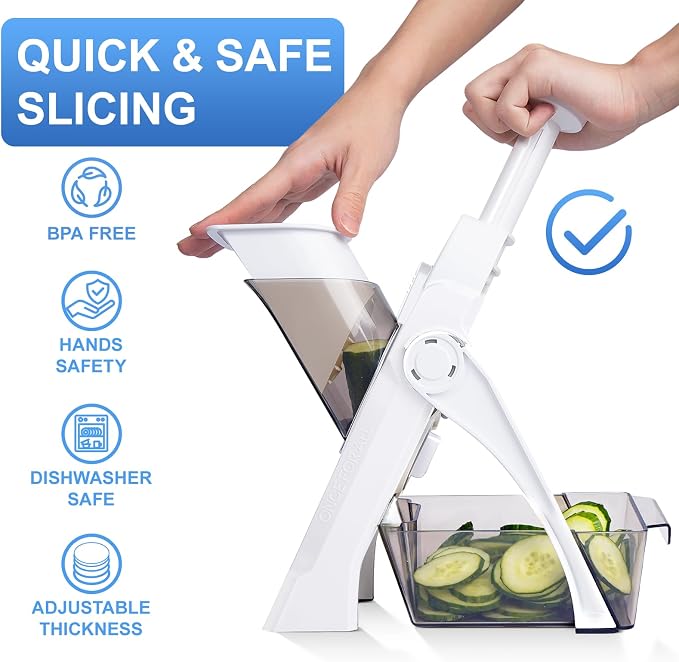 SupMaKin Safe Mandoline Slicer for Kitchen,Adjustable Potato Slicer 1-8 mm | for Vegetables Fruits Slicer with Container, Stainless Steel Blades,Faster Slicer Artifact Kitchen Gadgets Dishwasher Gifts