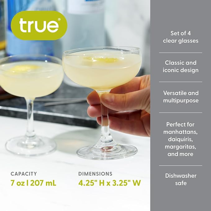 True Coupe Glass, Martini Glasses for Cocktail Party, Perfect for Espresso Martini, Manhattan, Champagne, Elegant 7 oz Glassware for Home Bars, Wedding Gifts, Margarita Glasses Set of 4