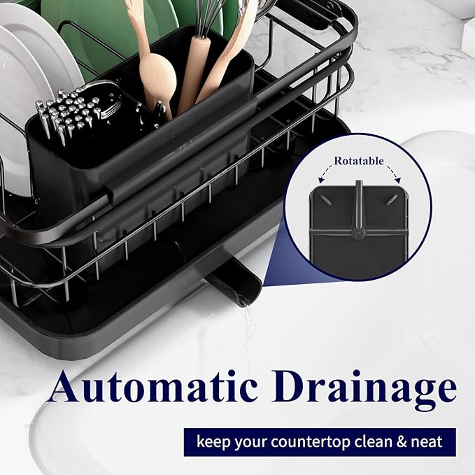 Kitsure Dish Drying Rack for Kitchen Counter, 12.2''W x 15.7''~23''L, Black | Stainless Steel Sink Organization, Cutlery Holder, Home and Appartment Decor