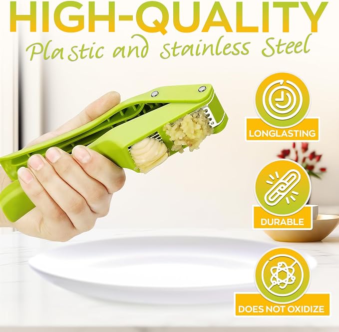 2 in 1 Garlic Slicer and Press, Stainless Steel with Durable Plastic | Multipurpose Garlic Press and Slicer Cuts Cloves Thin - 7.6 x 1.7 x 2.5 In, Easy to Use & Clean for Kitchen, Cafe, Deli Prep