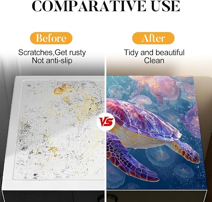 Sea Turtle Jellyfish Washer Dryer Cover Mat 28.35x20.47 in | Heat Resistant Cooktop Protector Mat with Non-Slip Backing, Scratch Protection and Countertop Drying Mat.