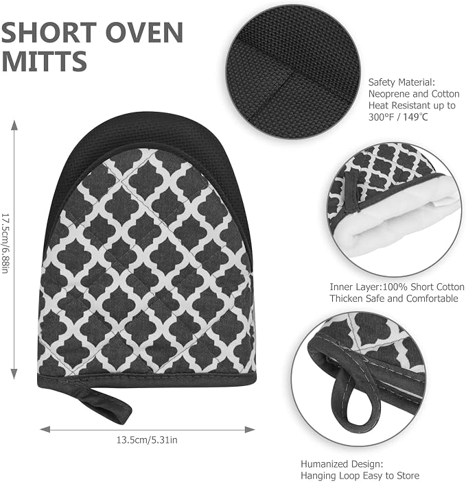 1 Pair Short Oven Mitts - Silicone Kitchen Oven Gloves High Heat Resistant 500℉, Mini Oven Mits with Non-Slip Grip Surfaces and Hanging Loop for BBQ, Baking, Cooking and Grilling (Dark Gray)