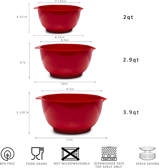Mixing Bowls Set, 3 Piece Melamine Nesting Bowls with Pour Spout, Non-Slip Base, Great for Prepping, Baking, Mixing Cooking, BPA free and Dishwasher Safe, Red