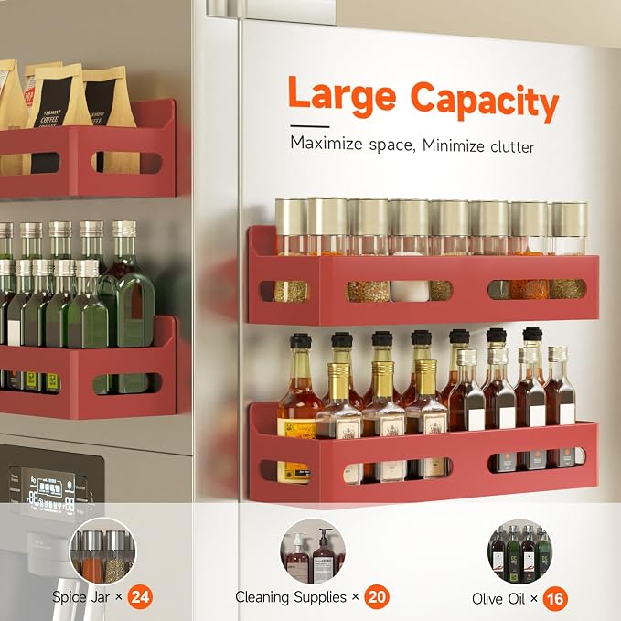 4-Pack Magnetic Spice Rack for Refrigerator with Hooks, Red | Strong multipurpose magnetic shelf for kitchen & bathroom organization. Includes 4 removable hooks for hanging items.
