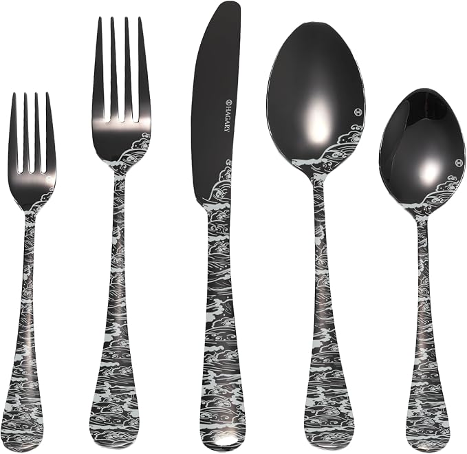 Wave Cutlery Set 20 Pieces Stainless Steel Flatware Set Service for 4 Utensils For Home Kitchen Wedding Laser Engraved Dishwasher Safe (All Black)