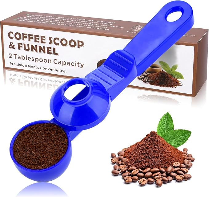 2-in-1 Coffee Scoop with Funnel, 2 Tbsp Measuring Spoon for Reusable K Cups, Ground Coffee, Protein Powder & Tea, Mess-Free Plastic Design（Dark Blue-1pack）