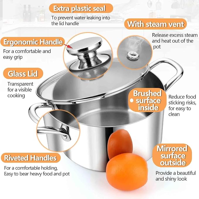 P&P CHEF 4 Quart Tri-Ply Stainless Steel Stock Pot, Cooking Pot with Lid | 4 Qt Stockpot for Soup Pasta Vegetable, Induction Cookware for All Stoves, Sturdy & Double Handle, Oven & Dishwasher Safe