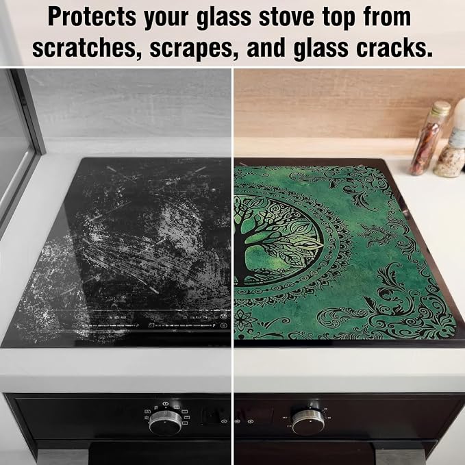 Tree of Life Stove Top Cover for Electric Stoves,Boho Bohemian Mandala Green Nature Stove Top Cover for Kitchen Decor,Heat Resistant Cooktop Protector Mat,Non-Slip Washable Dish Drying Mat 28"x20"