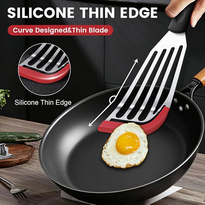 2Pcs Silicone Fish Spatula, Heat Resistant Silicone Edge for Nonstick Cookware, Fish Turner for Kitchen Use, Flexible and Thin Stainless Steel Utensils, Perfect Slotted Spatula for Egg, Pancake, Red
