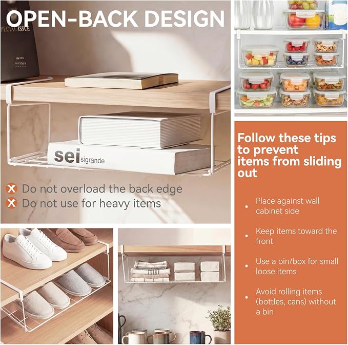 Under Shelf Basket, 15" Metal Under Shelf Storage, Space Saving Cabinet Organizers and Storage for Kitchen Pantry, Bookshelf, Cabinet, Bathroom,White