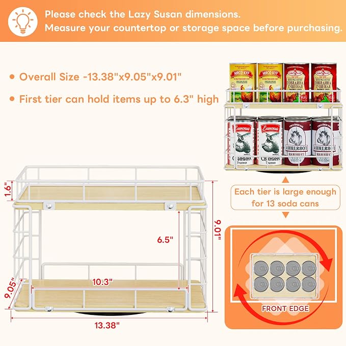 360° Rotating Lazy Susan Can Organizer for Pantry, Holds 26 Cans, White | 2-Tier Metal Wire & Wood Turntable Can Rack Holder, Storage for Canned Goods, Kitchen Pantry Cabinets & Countertops