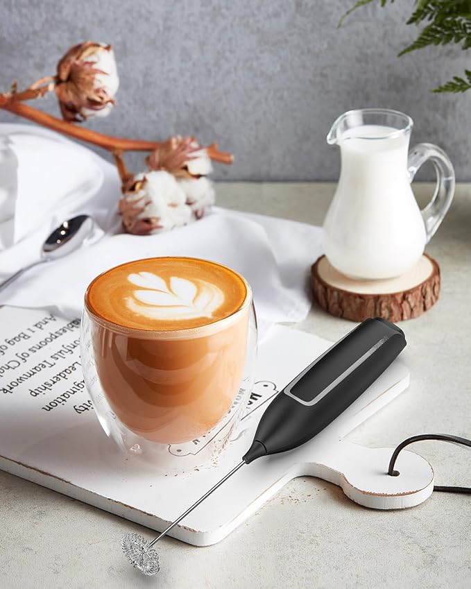 Milk Frother Handheld Battery, Electric Foam Maker Frother Wand, Drink Mixer with Stainless Steel Whisk for Coffee, Matcha, Lattes, Cappuccino Black