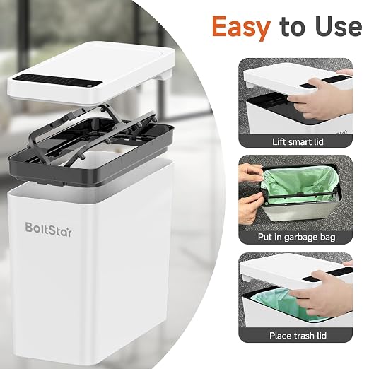 Solar Automatic Bathroom Trash Can: 2.6 Gallon Small Motion Sensor Garbage Can, No Charging Required, Slim Smart Touchless Trash Bin with Lid for Bedroom, Living Room, Office, RV, White