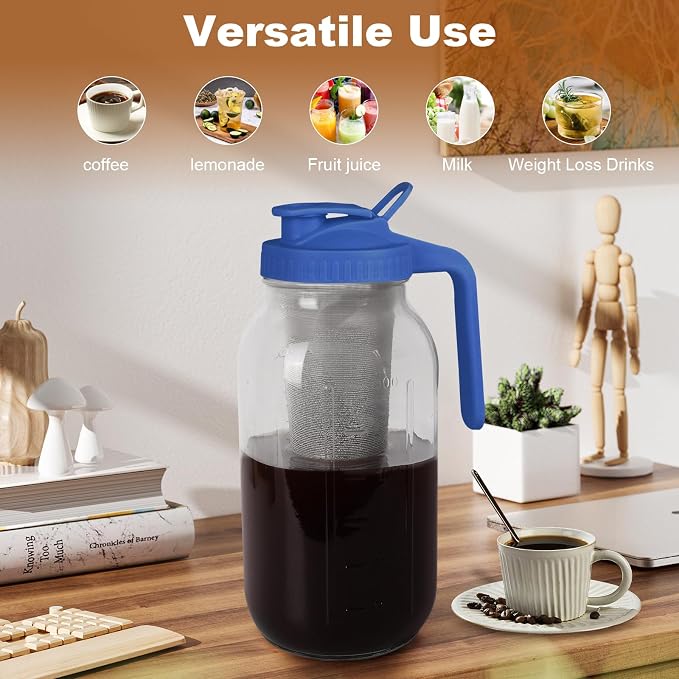 Cold Brew Coffee Maker, 64 oz Mason Jar Pitcher with Stainless Steel Filter, Pour Spout Handle Lid, Heavy Duty Glass Airtight & Leak-Proof for Iced Coffee,Tea & Lemonade