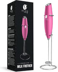 Bean Envy Milk Frother Handheld - Coffee Mixer Wand with Stand - Raspberry | Battery Operated, Stainless Steel Whisk, 19000 RPM, Protein Powder Blender, Electric Stirrer, Mini Foamer