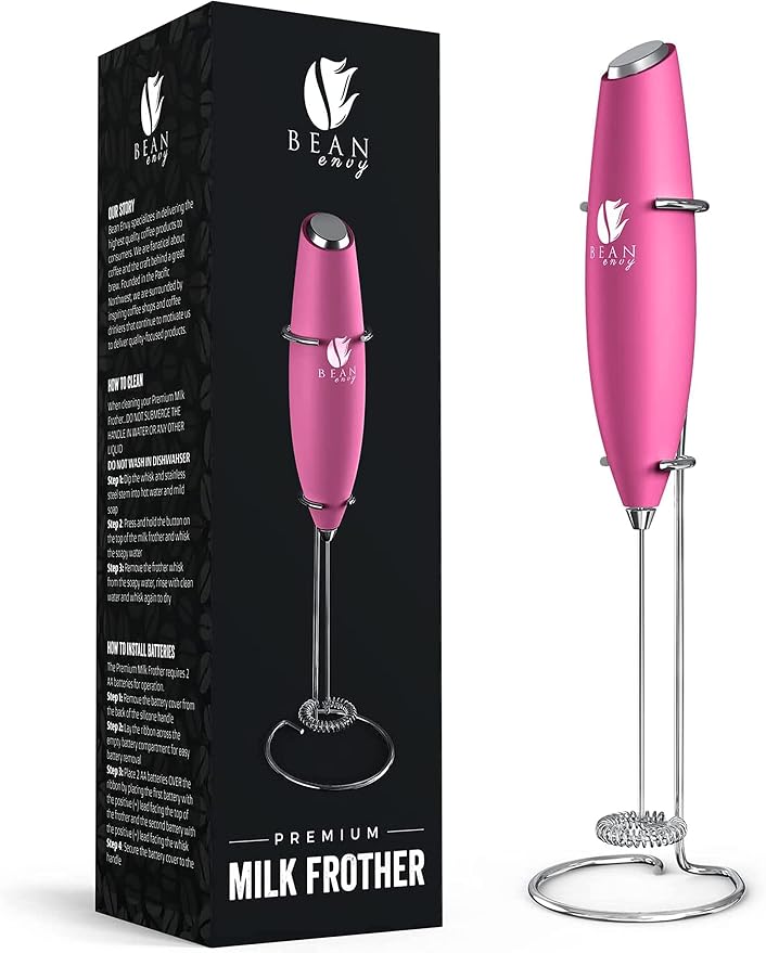 Bean Envy Milk Frother Handheld - Coffee Mixer Wand with Stand - Raspberry | Battery Operated, Stainless Steel Whisk, 19000 RPM, Protein Powder Blender, Electric Stirrer, Mini Foamer