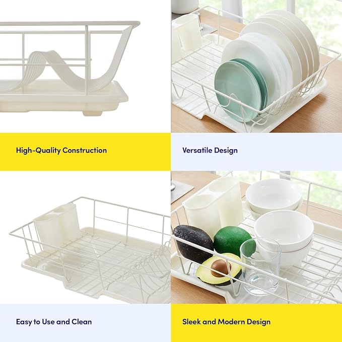 Sweet Home Collection Space-Saving 3-Piece Dish Drainer Rack Set: Efficient Kitchen Organizer for Quick Drying and Storage - Includes Cutlery Holder and Drainboard - Maximize Countertop Space, Ivory