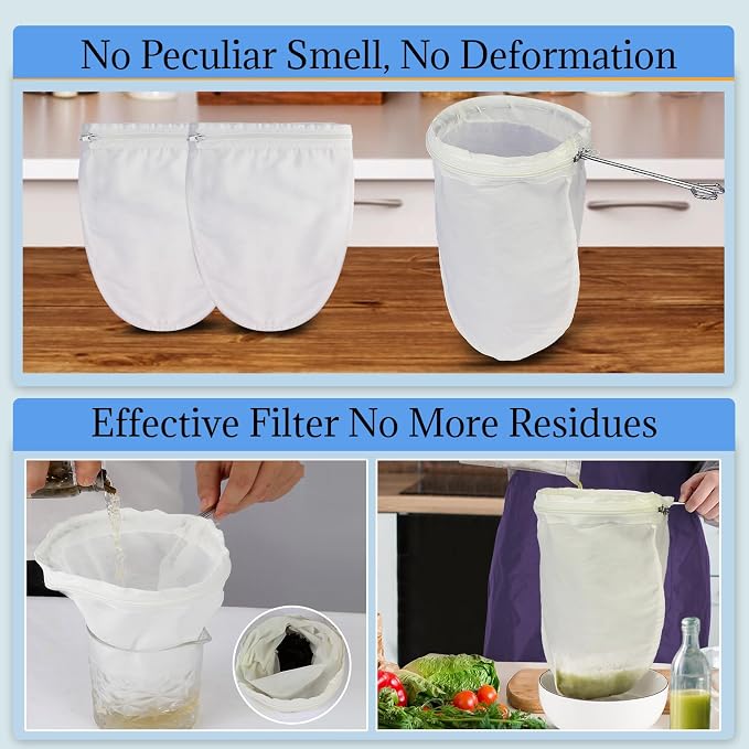 Fine Mesh Strainer, 3Pcs Cloth Strainer Bags with Steel Handle | Reusable Cotton Bags, Multipurpose Strainer Bags, Nut Milk Bags, Juice Strainer for Juicing, Coffee, Thai Tea