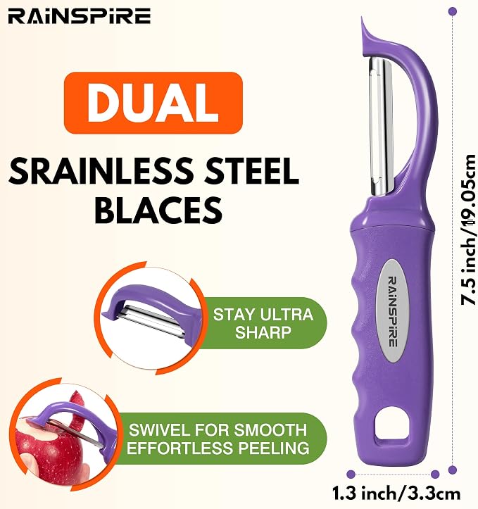 Rainspire Vegetable Peeler Potato Peelers for Kitchen, Sharp Stainless Steel Blades Veggie, Comfortable Handle Fruit Peeler, Carrot Peeler Apple Peeler Dishwasher Safe (2, Purple)