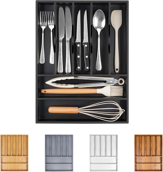 Bamboo Silverware Drawer Organizer, Utensil Kitchen Drawer Organizer, Utensil Holder Cutlery Tray with Grooved Drawer Dividers for Kitchen Utensils and Flatware Bedroom Office (7 Slot, Black)