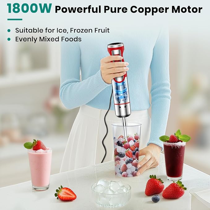 Colarlemo 1800W Immersion Blender Handheld 4-in-1 Hand Blender, Red | Stick Blender for Ice Crushing Smoothie, Baby Food, 8 Speed & Turbo Boost, Stainless Steel Blade with Whisk, Chopper, Beaker