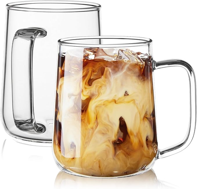 Glass Coffee Mugs, 18 oz Glass Coffee Cups Set of 2, Clear Borosilicate Glass Mugs with Handles for Cappuccino, Tea, Latte, Hot/Cold Beverages, Wine, Americano