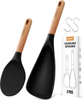 Cooking Spoon Multifunction Spoonula Silicone Spatula Spoon 2-Pack, Dual-Use Heat Resistant 446°F, BPA-Free Non-Toxic Wooden Handle Rice Spoon Set for Non-Stick Cookware & Rice Cookers