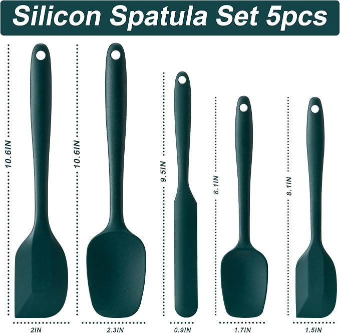 Silicone Spatula Set,5 Piece Food Grade Rubber Spatulas,Dark Green | Spatulas Silicone Heat Resistant for Baking,Cooking,and Mixing High Heat Resistant Non Stick Dishwasher Safe BPA-Free