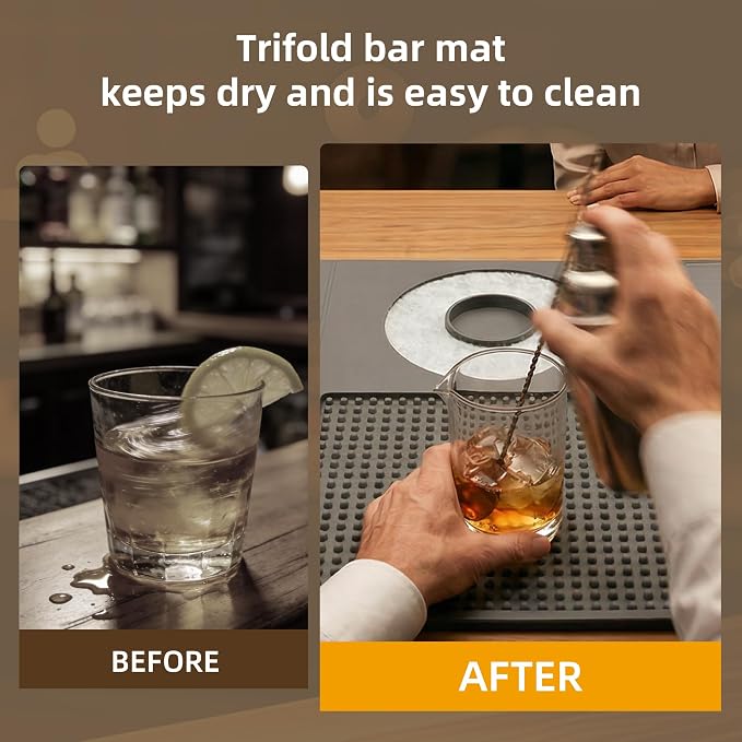 ZJWZLG 22"x12" Trifold Bar Mat with Cutting Board — 3-Zone Bartender Station, Extra Large Silicone Cocktail Mat, Folding Drink Prep Mat for Home Bar, Portable Bartending Accessories, Wipe-Clean(Grey)