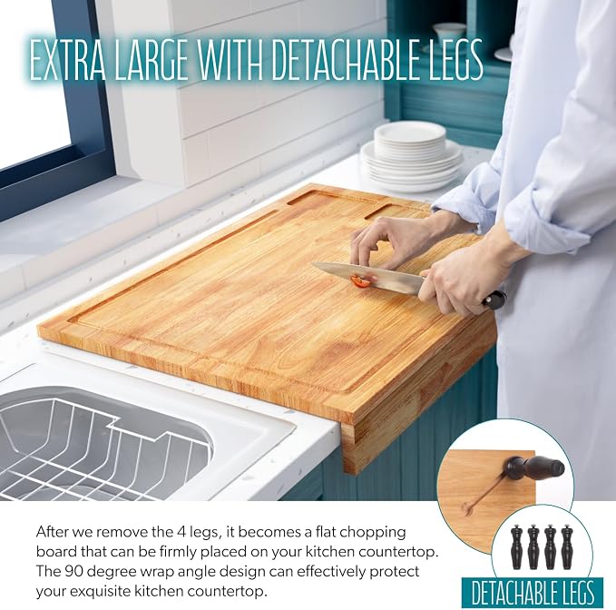 Extra Large Solid Wooden Cutting Board and Stovetop Cover, 3 in 1 Stove Top Cover Chopping Board with Detachable Legs and Juice Groove, Sink Cover Board
