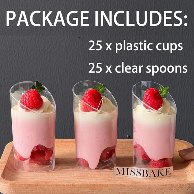 Hiasobre 3 oz Plastic Dessert Cups with Spoons, 25 Pack | Clear Mini Reusable Slanted Triangle Parfait Appetizer Cups, Small Shooter Serving Bowls, Dessert Shot Glasses for Tasting