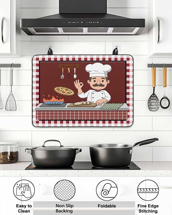 Stove Top Covers for Electric Stove 31x24 Inches, Ok Gourmet Cooking HeatResistant Glass Cooktop Protector, Funny Chef Kitchen Knife Fork Red Plaid Ceramic Stovetop Countertop Covers Mat, Oven Cover