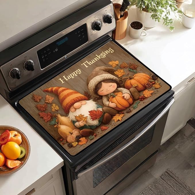 Stove Top Cover for Electric Stove - Happy Thanksgiving Day - Heat Resistant Glass Cooktop Cover,Little Girl & Gnomes Glass Cooktop Protector, Multipurpose Stove Top Protector
