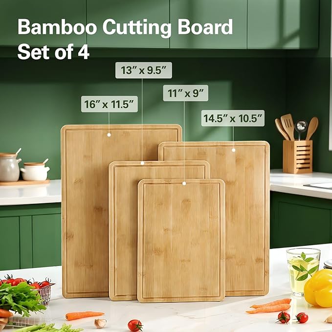 Zarler Bamboo Cutting Boards for Kitchen, 4 Piece Durable Wood Cutting Board with Juice Grooves and Handles, Wooden Chopping Board Set for Meal Prep, XL Size, Ideal Kitchen Gift