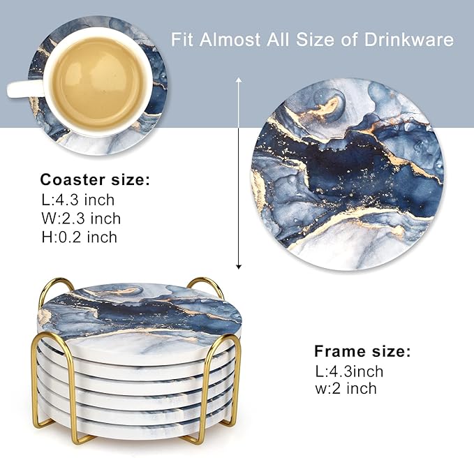 Coasters Set of 6, Navy Blue Marble Abstract Ceramic Coasters with Holder | Best Round Absorbent Drink Coaster Set, Coffee Table Decor for Home Decor House Warming Gifts New Home
