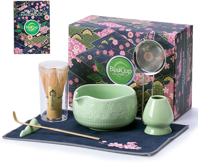 Buucup Matcha Whisk Set, Ceramic Matcha Kit with Bowl & Bamboo Tools | 7-piece set includes ceramic bowl, bamboo whisk, scoop, holder, rest, sifter and tea towel for home matcha making.