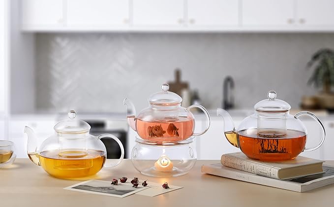 CnGlass 33.8oz Glass Teapot with Removable Infuser,Stovetop Safe Tea Kettle,Blooming & Loose Leaf Tea Pot