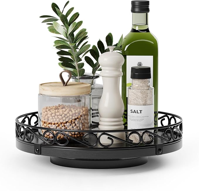 9" Lazy Susan Turntable Organizer for Table Top, Wood Lazy Susan Cabinet | Farmhouse Rotating Decor Tray for Dining Table, Pantry, Kitchen Countertop, Spice, Bathroom Vanity, Round Patterned Rim,Black