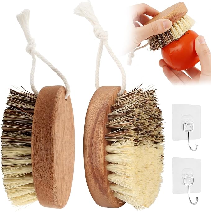 2 Pack Vegetable & Fruit Cleaning Brush Set, Dual Bristle Veggie Brush Potato Scrubber with Hanging Rope & Hooks, Kitchen Vegetable Scrubber for Carrots Fruits Foods(Wood)