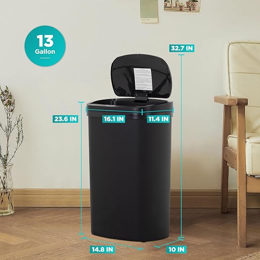 BestOffice | 13 Gallon Plastic Trash Can with Lid | Black | Automatic Touchless Garbage Can | Odor Control | Modern Oval Design | Easy to Clean | For Kitchen, Bathroom, Office or Home