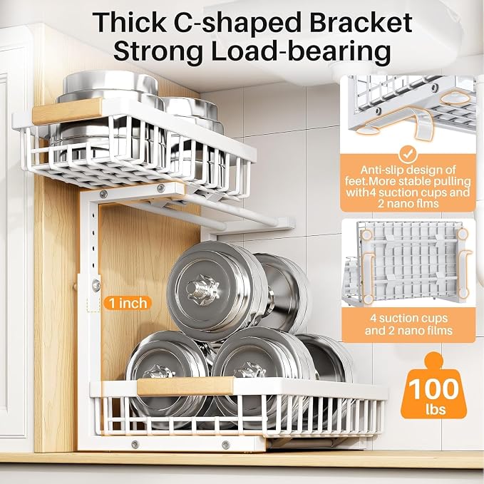 PXRACK Under Sink Organizer, Adjustable Height, 2 Tier Pull Out Under Cabinet Organizer, Slide Out Thickened Metal Under Sink Storage for Kitchen Bathroom Laundry Pantry Cabinet, White, Small-1-Pack
