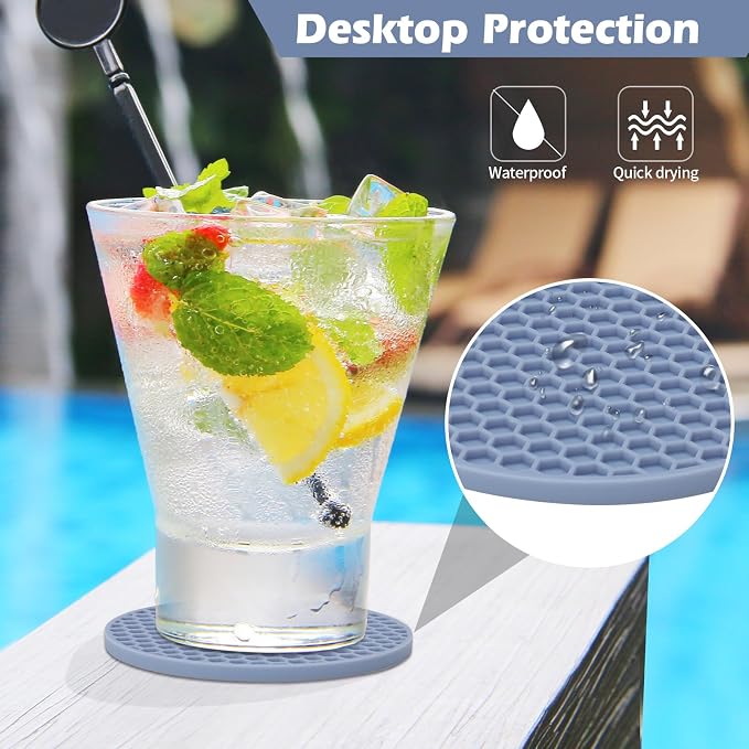 TWTLi Silicone Coasters Set of 8 with Holder — Non-Slip Drink Coasters for Coffee Table, Home Bar & Kitchen, Protects Wood & Marble Surfaces from Water Rings, Dishwasher Safe (Blue)