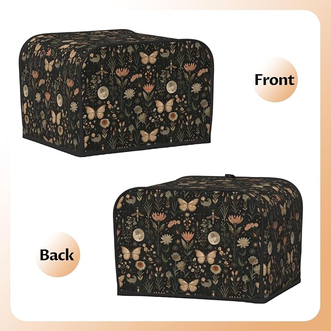 4 Slice Toaster Cover Vintage Butterfly Moon Flower Dust Proof Washable Kitchen Appliance Cover with Pocket, Oxford Fabric Countertop Toaster Protector for Standard Toasters Small Appliances