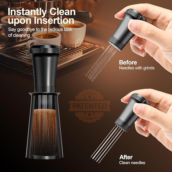 WDT Espresso Distribution Tool, Espresso Accessories with Built-in Cleaning Brush, 0.35mm 10 Needle Distributor and Extra 10 Needles for Espresso Stirrer, Aluminum Handle with Stand for Barista
