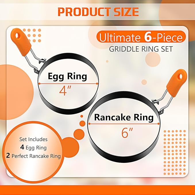 Patelai 6 Pcs Egg Rings for Griddle Nonstick Pancake Molds,4, 6 Inch | Stainless Steel with Orange Silicone Handle, Fried Egg Shapers Molds, Adjustable for Breakfast Omelette Sandwich